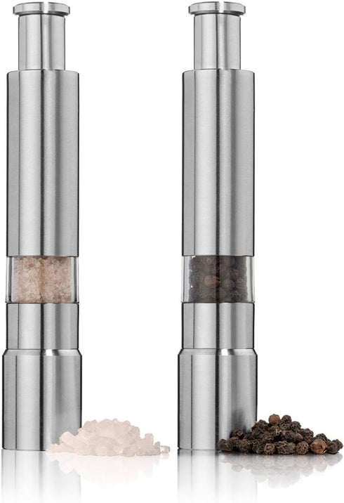 Salt and Pepper Grinder Set of 2,Stainless Steel Push Button Grinder Modern Design Thumb Grinder, for Black Pepper, Sea Salt and Himalayan Salt, S...