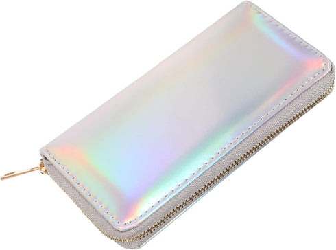 TENDYCOCO Sparking Cell Pouch Wallet Clutch Carteras Pu Women Female Coin Leather Long Wallets Credit Rainbow Portfel Shining Silver Zipper Hologr...
