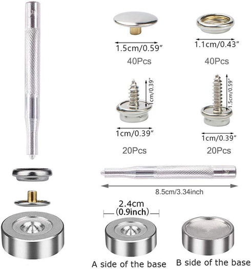 Snaps Kit for Boat Cover, 120pcs Canvas Screws Snaps Buttons Tool Marine Grade Sewing Fastener with 2Pcs Setting Tool...