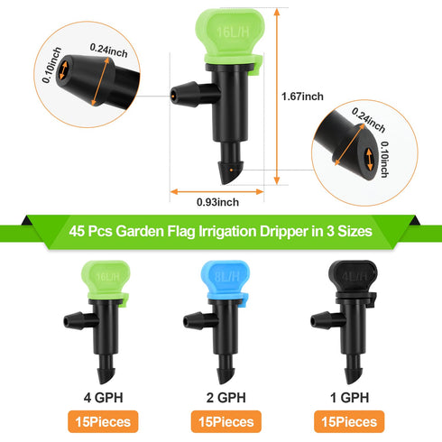 45 Pieces Drip Emitter Garden Flag Irrigation Dripper in 3 Sizes, 1 GPH, 2 GPH, 4 GPH Drip Irrigation Flag Emitter for Garden Watering System...