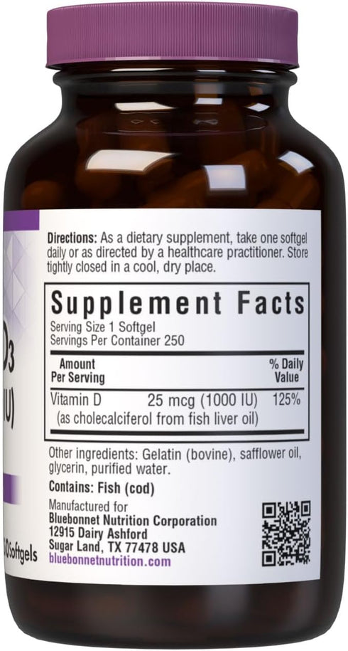 Bluebonnet Nutrition Vitamin D3 1000 IU Softgels, Aids in Muscle and Skeletal Growth, Cholecalciferol from Fish Oil, Non GMO, Gluten Free, Soy Fre...