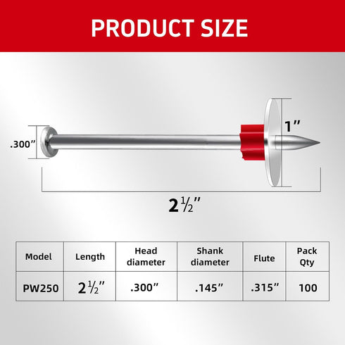 2-1/2" Powder Actuated Fasteners with 1" Washer .300 Head .145" Shank for Powder Fastening & Power Framing systems, 100 Pack...