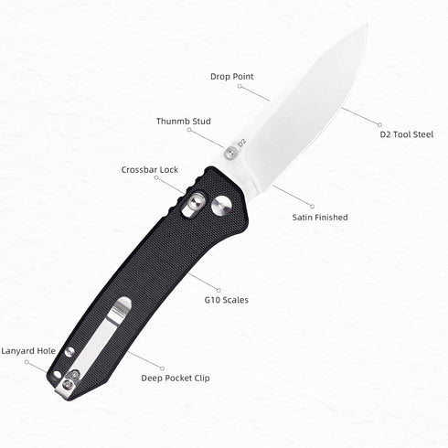 Pocket Folding EDC Knife: 3.14" D2 Steel Satin Sharp Blade, G10 Scales, Crossbar Axis Lock, Reversible Clip, Great Gifts for Men Women Camping Hik...