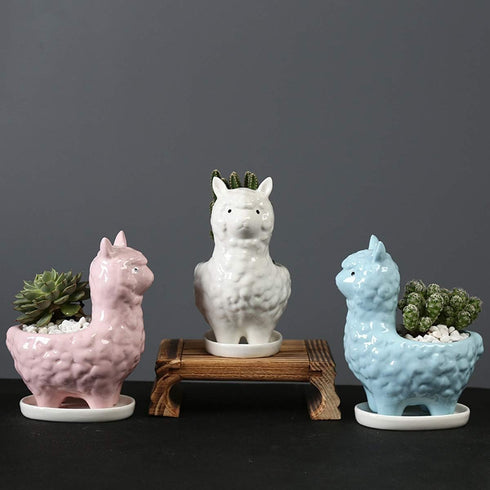 Lependor Cute Alpaca Succulent Planter Pot with Drainage Tray, White Ceramic Cactus/Flower Container, Animal Llama Bonsai Holder for Indoor Plants...
