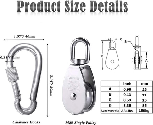 2pcs M25 Single Pulley Block with 3pcs Spring Snap Hook Carabiner, Heavy Duty 304 Stainless Steel Pulley Roller & 3'' Spring snap Hooks, Pully Cra...