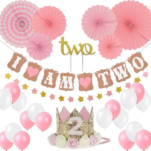 Birthday Decoration Set-Baby Partyr Crown, Girl/Boy 2 st Birthday Party Hat Princess Tiara Hat Includes Cake Topper Two "I Am Two" and Star Banner...