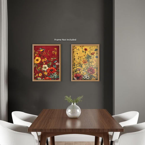 Posterizer 2 pcs-Red and Yellow Themed Wild Flowers and Birds-Floral Botanical-Abstract Modern Art - Gift for Nature, Surfers and Beach Lovers-Dec...