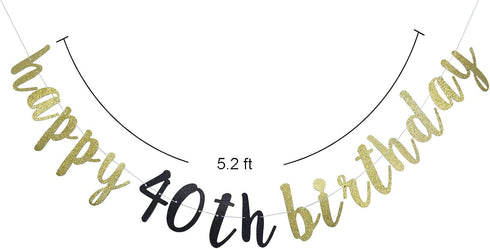 Happy 40th Birthday Banner for 40th Birthday Party Pre-Strung Decorations (Gold & Black Glitter)...