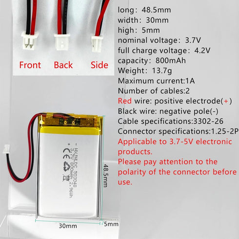 DC 3.7V 800mAh 503048 Rechargeable lithium polymer battery for DIY 3.7-5V Electronic Product, Mobile Energy Storage Power Supply...