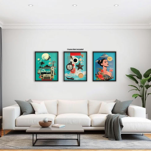 Posterizer 3 pcs-Beach Vibes Blue Themed Retro Collage-Abstract & Modern Art-Retro Art- Gift for Men Women Entrepreneur Teens-Decor for Beach Hous...