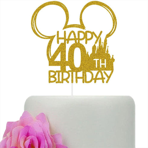 Mouse Inspired Castle Happy 40th Birthday Cake Topper, Cartoon Mouse Themed 40th Birthday Party Decorations, Gold Glitter...