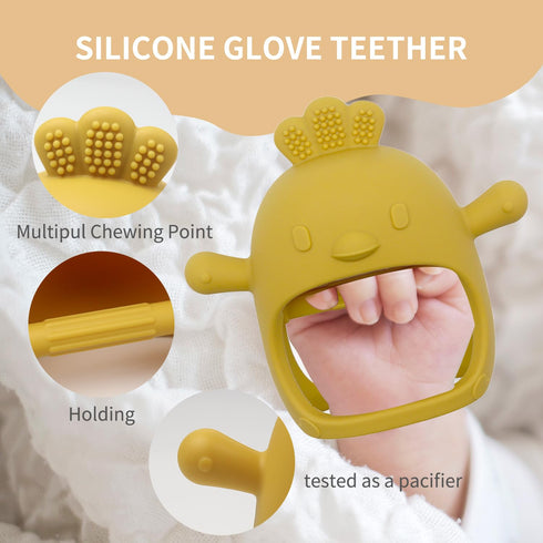 Baby Sensory 4-Piece Toy Set: Hollow Hand-Gripping Chicken Teether, Teething Mitten, Rattle Ball, and Anti-Drop Toy Strap (Green/Mango)...