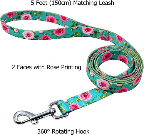 Dog Collar and Leash Set, Rose Pattern, Polyester Material, 5ft Matching Leash, for Small Dogs.(S, Green Rose Set)...