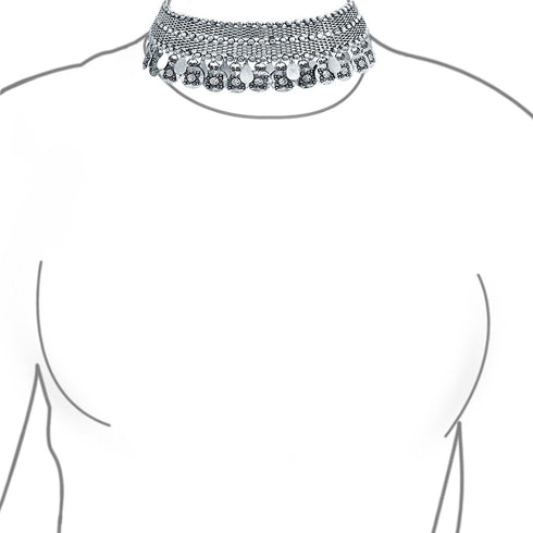 Native American Style Bohemian Boho Dangling Coins Feather Wide Choker Necklace Western Jewelry For Women Teens Oxidized Silver Plated...