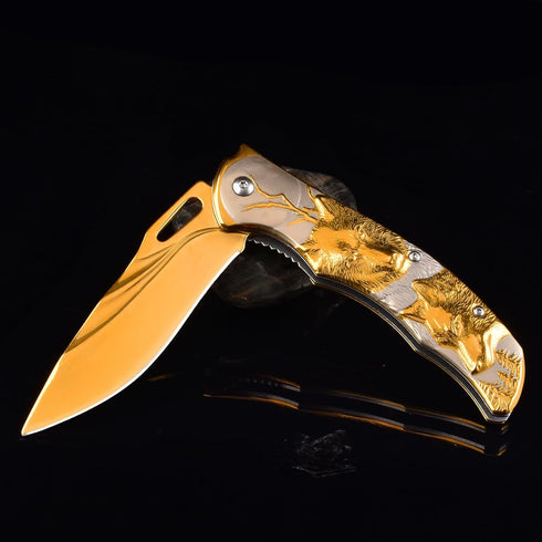 Pocket Knife for Men, Folding Knife With Clip & 3D TITANIUM PLATED WOLF Relief, Embossed Edc Knife For Men Outdoor Survival Camping Hiking hunting...