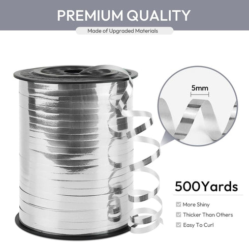 Silver Curling Ribbon, 1/5" Wide x 500 Yards Christmas Curling Ribbons for Gift Wrapping, Party Decoration, Balloon String, Hair, Ribbons for Flor...