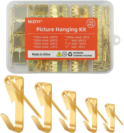 152Pcs Picture Hanging Kit, Picture Hangers 10lb, 20lb, 30lb, 50lb, 100lb Hooks with Nails, Heavy Duty Photo Frame for Pictures, Painting ,Mirror,...