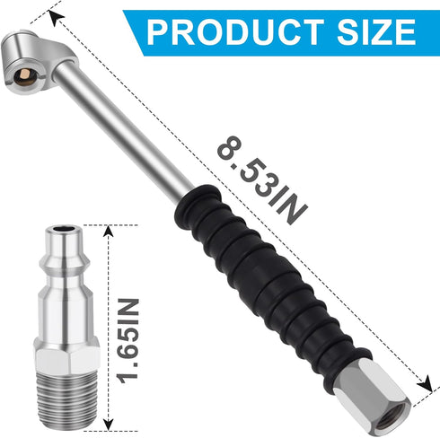 Closed 9.37" Extended Reach Dual Head Air Chuck, 2-Way Connection 1/4" FNPT Tire Chuck w/Standard Quick Plug, Air Compressor Fill Kit for Truck RV...