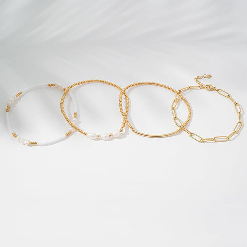 Dainty Gold Pearl Beaded Bracelets for Women 14K Real Gold Plated Bead Pearl Beads Bracelets Stackable Paperclip Link Stretch Bracelets Set Gold B...