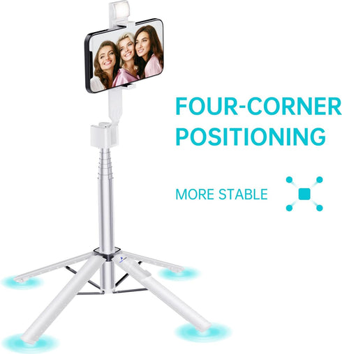 Ambertronix 40” Selfie Stick Tripod Quadrapod, Onboard Light, Wireless Bluetooth Remote, Extendable, Stainless Steel, 3 Light Modes, 9 Brightness ...