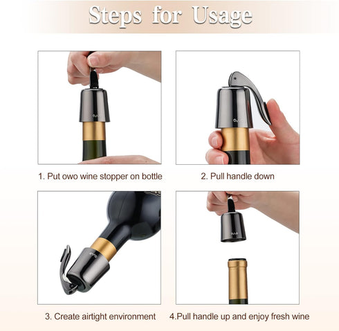 OWO Stainless Steel Wine Bottle Stopper, Reusable Wine Saver with Silicone Seal, Decorative Bottle Sealer, Keeps Fresh?Metal Black, 1 Pack)...