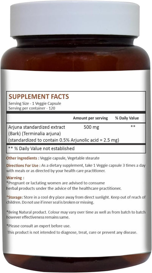HERBAL HILLS Arjuna Capsules (Terminalia Arjuna) | 120 Count (500 mg) | Standardized Extract Wellness and Health Supplements with Arjuna Bark Extr...