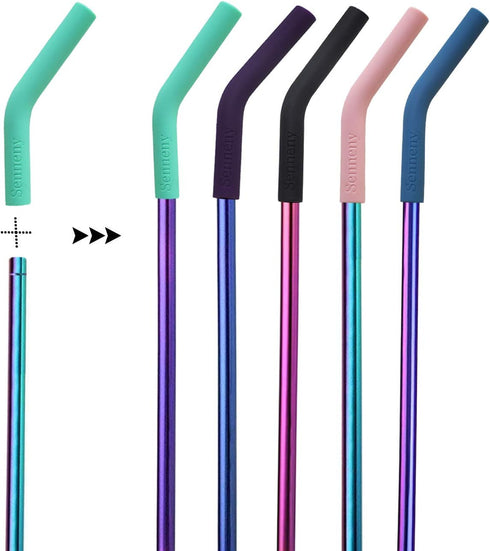 Senneny Set of 5 Stainless Steel Straws with Silicone Flex Tips Elbows Cover, 2 Cleaning Brushes and 1 Portable Bag Included (Colorful)- 8mm diame...