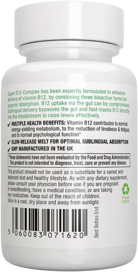 Super B12-Complex 1000mcg, Sublingual & Methylated Vitamin B12, Methylcobalamin, Adenosylcobalamin & Hydroxocobalamin, 180 Servings, Clean Label, ...