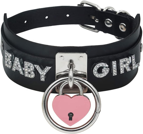 paloli Black Heart Padlock O-ring Choker Necklace for Women, Punk Gothic Letter Leather Collar Pink padlock Jewelries...