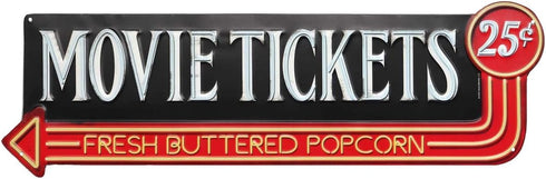 Movie Tickets 25 Cents Embossed Metal Sign - Large Vintage Movie Room Wall Art With Arrow...