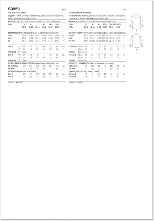 Simplicity Easy Plus Unisex Shirts Sewing Pattern Packet, Design Code S9859, Sizes XL-XXL-XXXL, Multicolor...