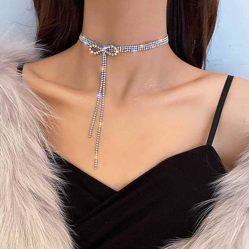 ELABEST Rhinestone Bow Necklace Crystal Bowknot Pendant Choker Dainty Tennis Chain Nightclub Party Jewelry for Women...