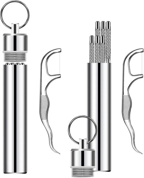 7Pcs 2 Set Portable Stainless Steel Toothpicks Pocket Set, Reusable Metal Toothpicks Cleaning Kit with Holder for Outdoor Picnic Camping Traveling...