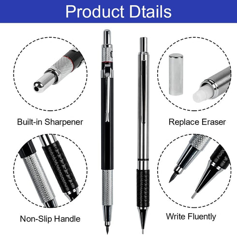 AUAUY 6PCS Metal Mechanical Pencil Set, 3PCS Drafting Pencils 0.5 mm & 0.7 mm & 0.9 mm & 3 PCS 2mm Art Pencil with 12 Tubes Lead Refills & 3 Erase...