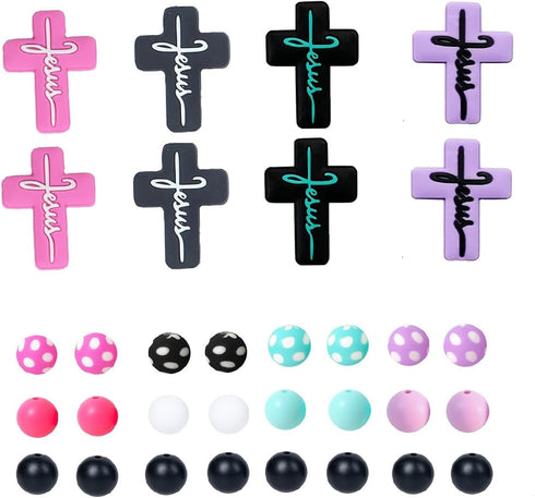 Silicone Focal Beads Rubber Beads Kit Bulk for Beadable Pens Keychain Jewelry Making DIY Keychain Supplies Focal Pen Beads (Cross 32pcs), Small...