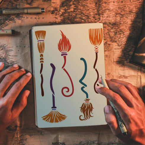 FINGERINSPIRE Witch Brooms Painting Stencil 11.8x11.8 inch Large Broomsticks Drawing Template Plastic PET Magic Brooms Stencil for Painting Hollow...