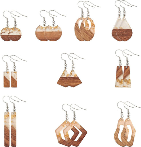 FASHEWELRY 20Pcs Resin Wooden Earring Pendants 10 Styles Gold Teardrop Rectangle Rhombus Flat Round Geometry Vintage Resin Wood Statement for Jewe...
