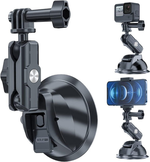 TELESIN Suction Cup Car Mount with Phone Holder, Windshield Window Dashboard Boats Vehicle Attach for GoPro Max Mini Hero 12 11 10 9 8 7 6 5 Insta...