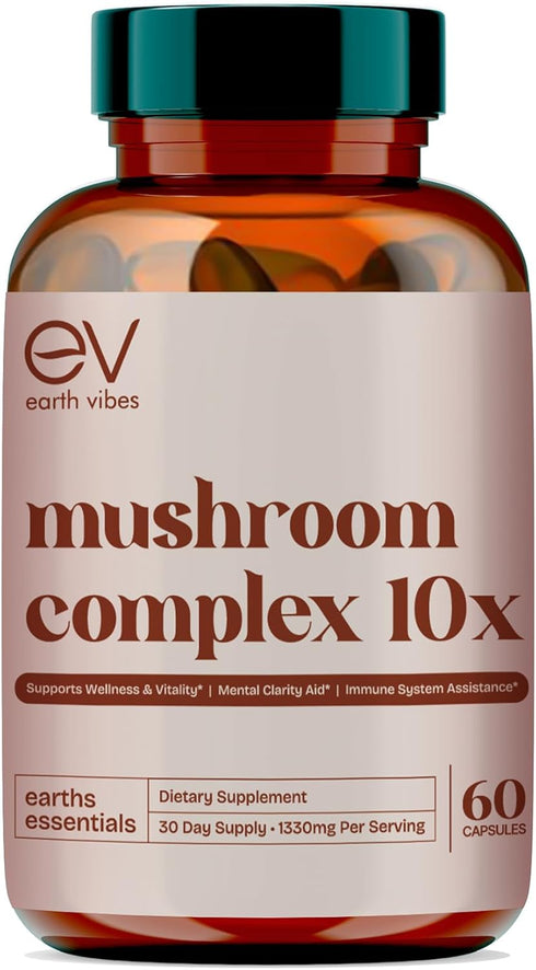 Earth Vibes 10-in-1 Mushroom Complex - 60 Vegan Capsules | Supports Immune Function & Cognitive Health | Includes Lion's Mane, Cordyceps, Reishi &...