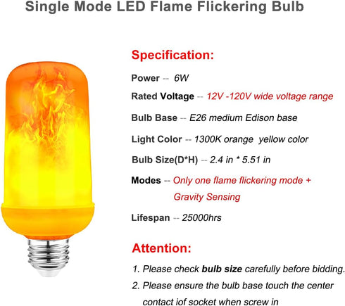 Upgraded Single Mode LED Flame Light Bulb with Gravity Sensor 6W E26 Indoor Flame Flickering Bulb 12V Outdoor One Mode Flaming Bulb for Holiday/Ba...