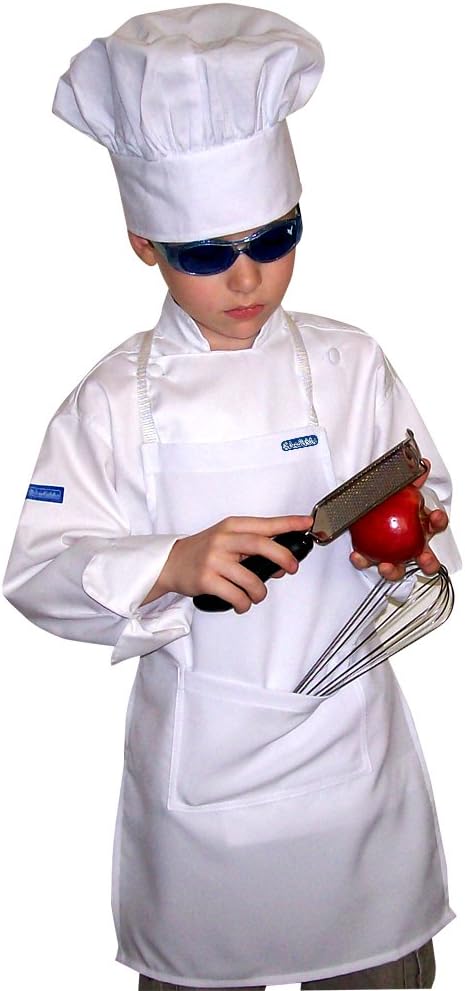 CHEFSKIN Small White Kid Children Chef Set (Apron+hat) Lite Fabric Fits 2-8...