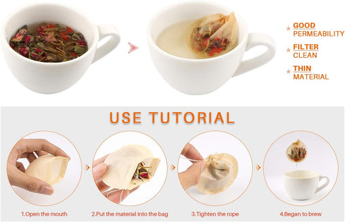 Tea Filter Bags, 300pcs Disposable Empty Tea Bags Tea Infuser Drawstring Teabags Safe Natural Material Tea Bags for Loose Leaf Herbs Teas (Round S...