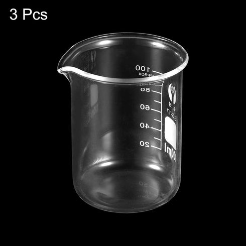 PATIKIL 3Pcs 100ml Low Form Glass Beaker, 3.3 Borosilicate Glass Graduated Printed Scale Measuring Cups with Spout for Kitchen Lab Liquids...