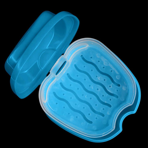 Blue Denture Case,Denture Bath Cup Case Box Holder Storage Soak Container,Denture Bath Box False Teeth Storage Box with Basket Net Container Holde...