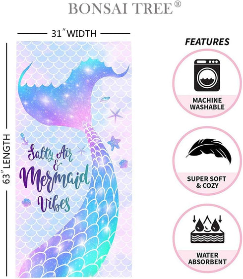 Bonsai Tree Mermaid Beach Towel, Mermaid Tail Cute Microfiber Bath Towel for Girls, Mermaid Scales Sand Free Quick Dry Womens Travel Towels for Yo...