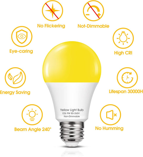 Yellow LED Bug Light Bulbs Outside, A19 LED Yellow Bug Bulb Outdoor 60W Equivalent, 9W Yellow Amber Bug Lights E26 Base Porch Lights, Non-Dimmable...