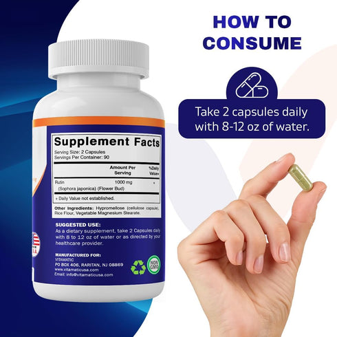 Vitamatic Rutin 1000mg Supplement, 90 Servings, Bioflavonoid, Free Radical Scavenger, Non-GMO, Gluten Free, Vegetarian...