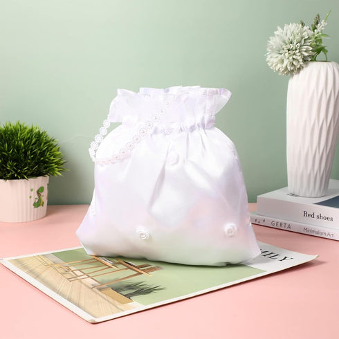 Satin Bridal Wedding Money Bag White Bridal Bridesmaid Satin Flower Decorated Bag Handbag with Pearl for Dance Bridal Purse Wedding Favor...