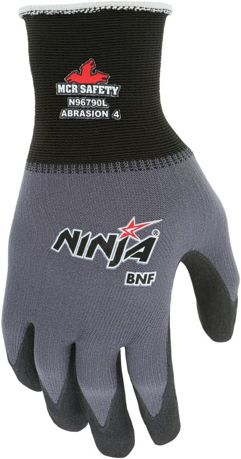 MCR Safety Gloves N96790XL Ninja BNF 15 Gauge Work Gloves, Nylon/Spandex Shell with NFT Coated Palm & Fingertips, Black/Grey, XL...