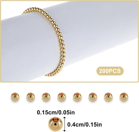200 PCS Gold Filled Spacer Beads, 4mm Smooth Round Gold Spacer Beads Bracelet Filled Beads 14k Small Gold Beads for DIY Layered Necklace Beads Bra...